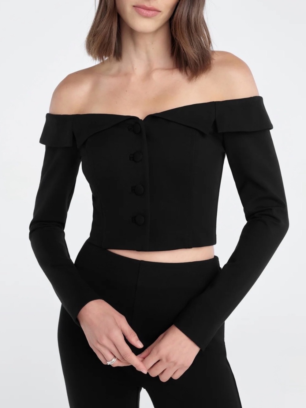 NWT $248 Favorite Daughter The Payback Black Off-Shoulder Button-Front Crop Top